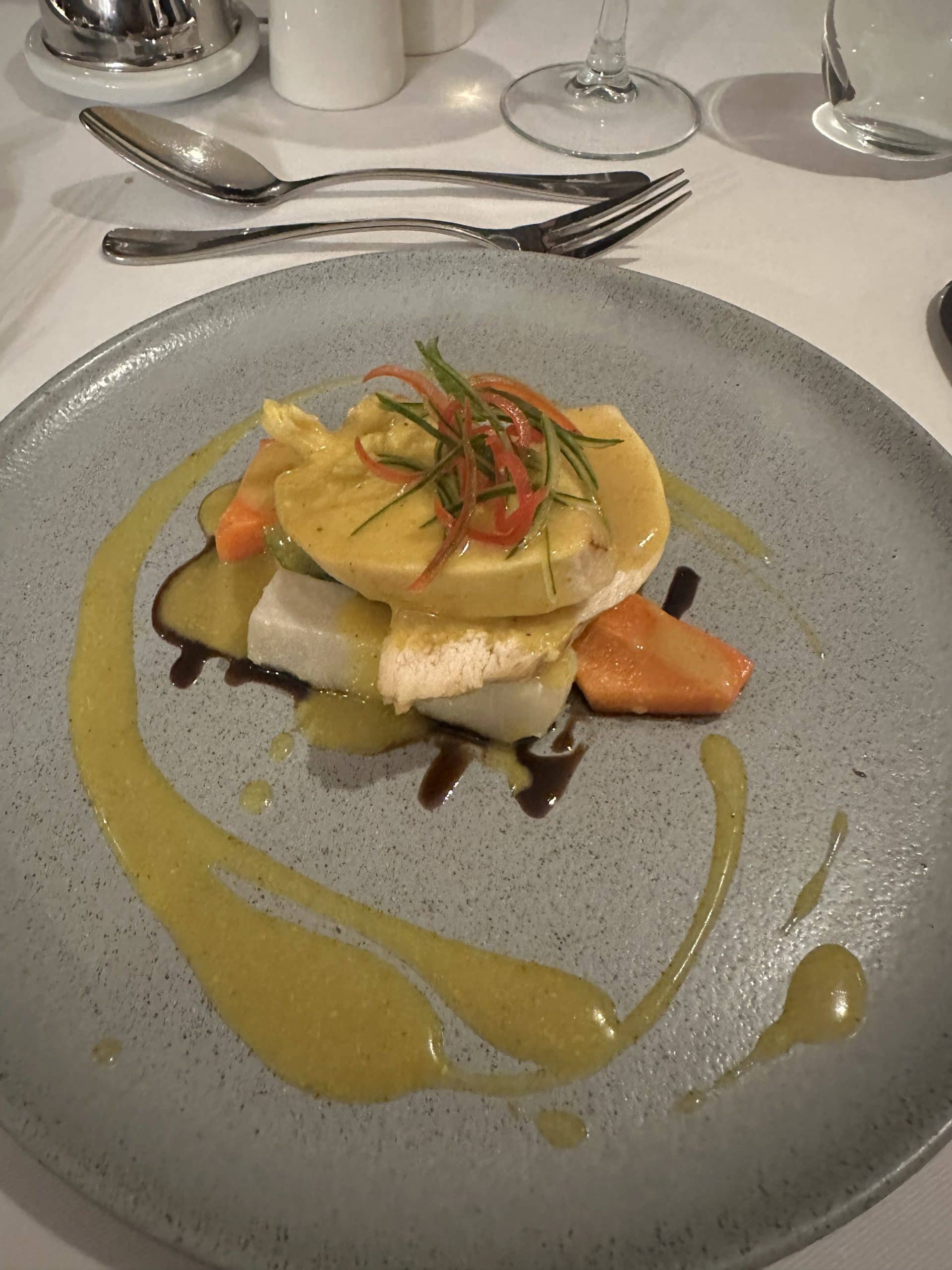 Decadent plate of food served aboard a luxury cruise line.