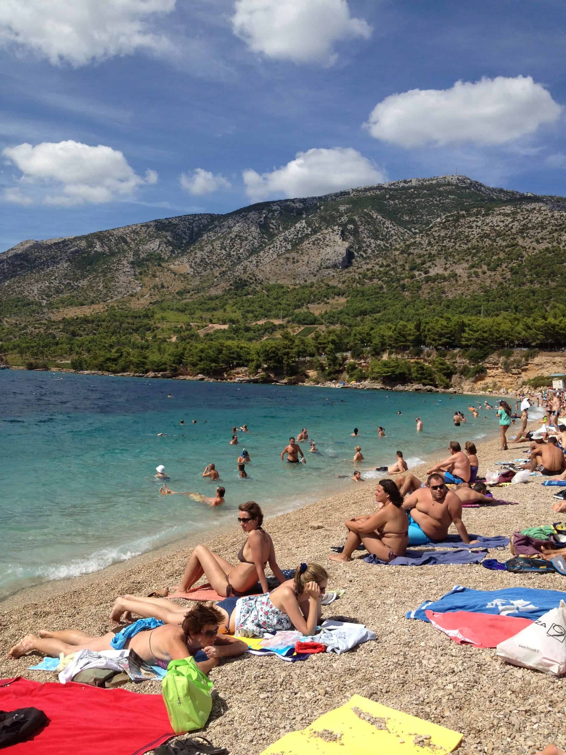 Crowded beach on Brač island off the coast of Croatia.