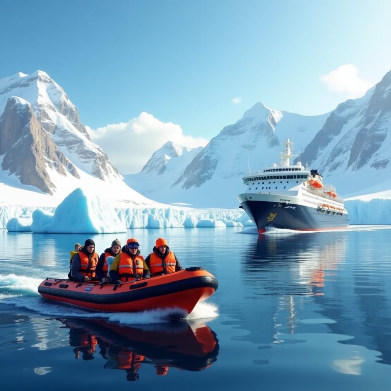 A zodiac speeds towards the icy fjords of Antarctica with passengers from a nearby expedition cruise line.
