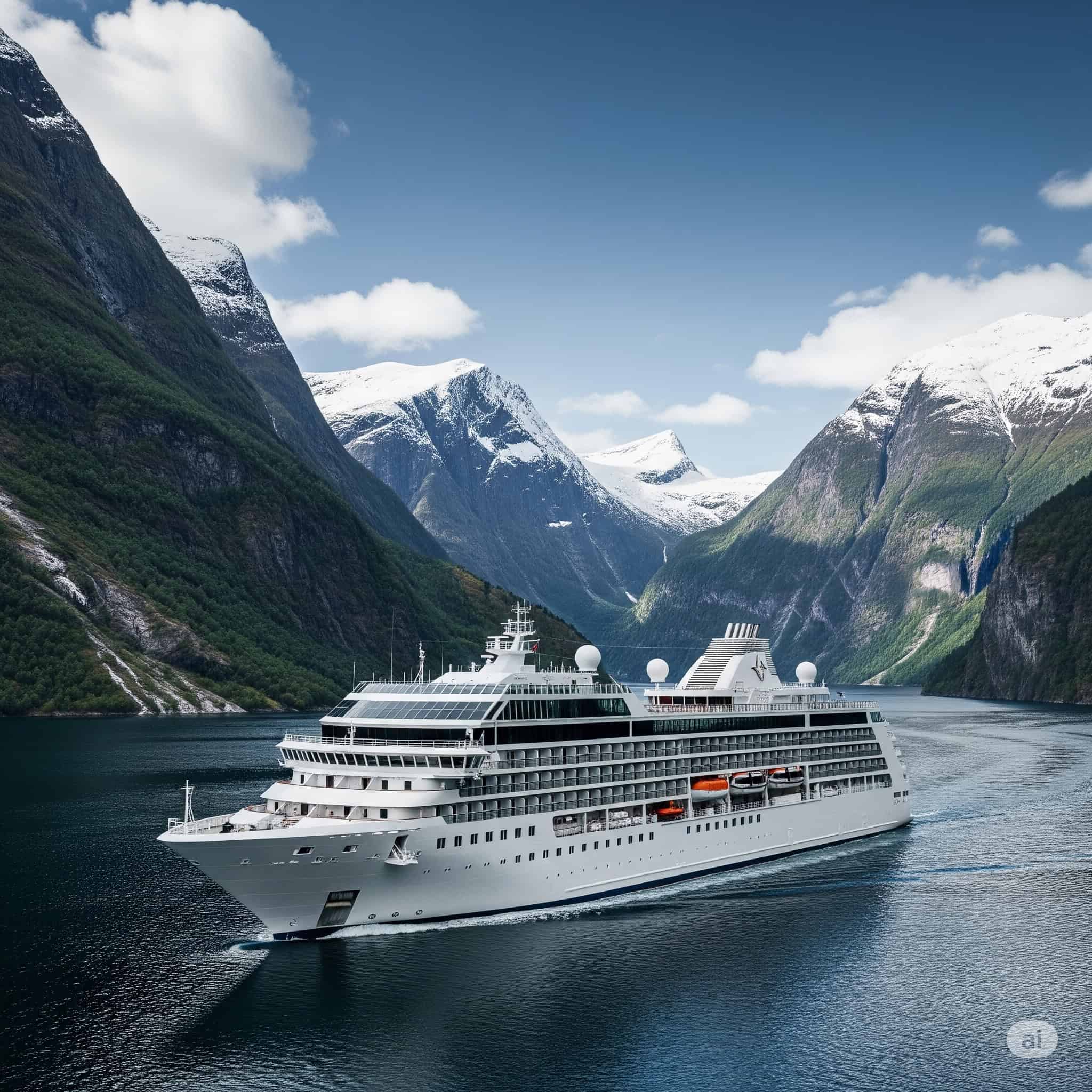Expedition cruise line sails through the fjords.