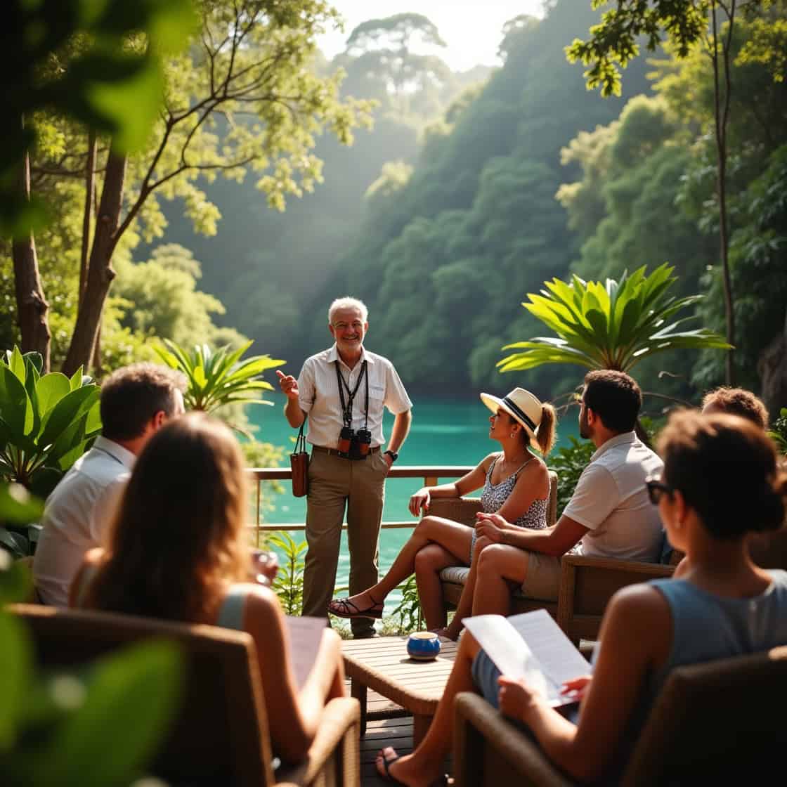 A naturalist gives a lecture to guests aboard an expedition cruise through the jungle.