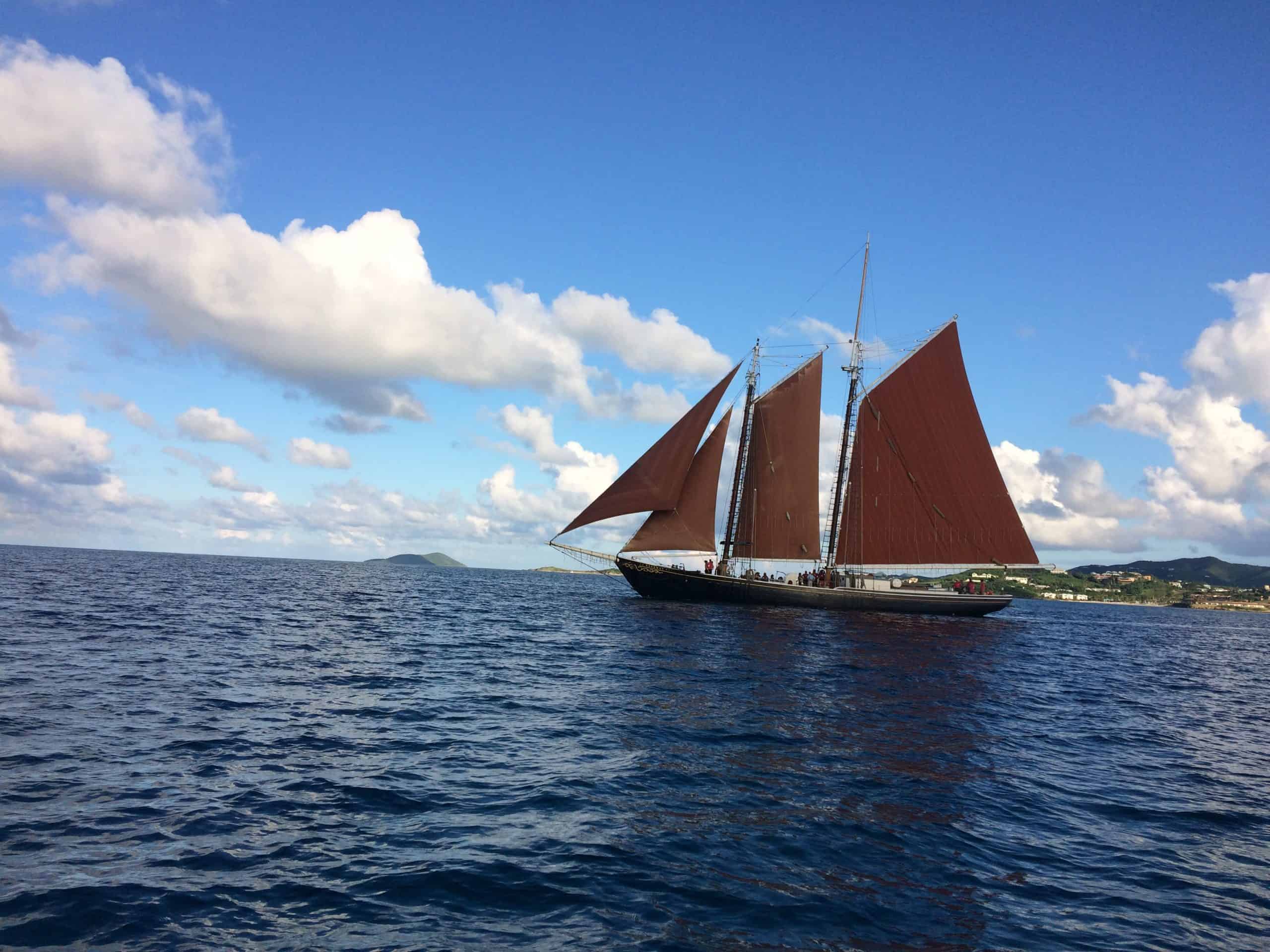 Luxury masted ship sailing off the coast of St. Croix.