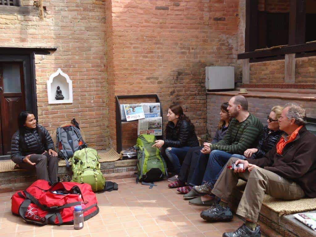 The trekking team meets at Newa Chen to talk logistics before their Annapurna Circuit trek.