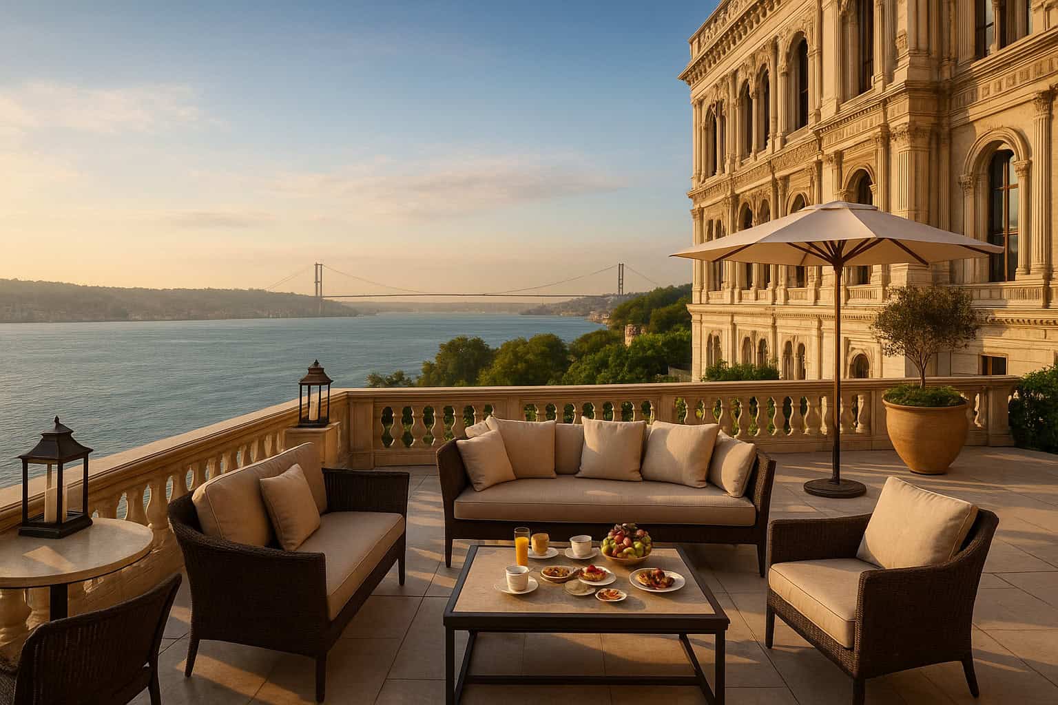 A luxury resort balcony in Turkey overlooking the Bosphorus River.