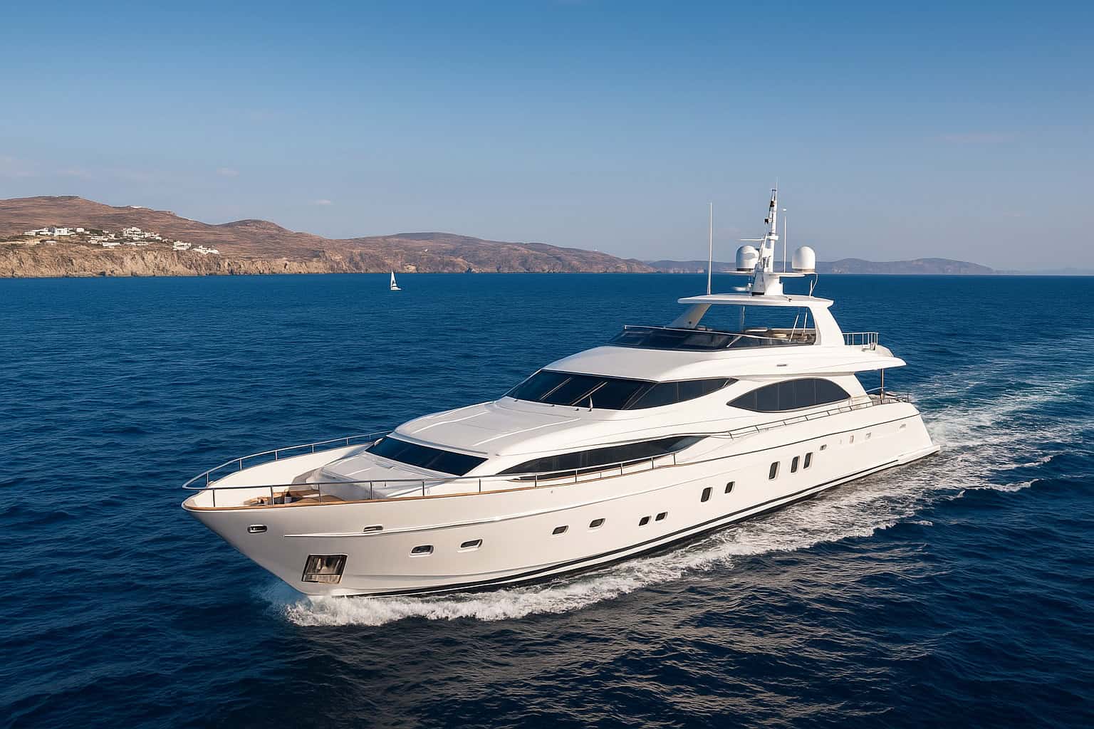 A luxury yacht cruises past the Turkish coast.