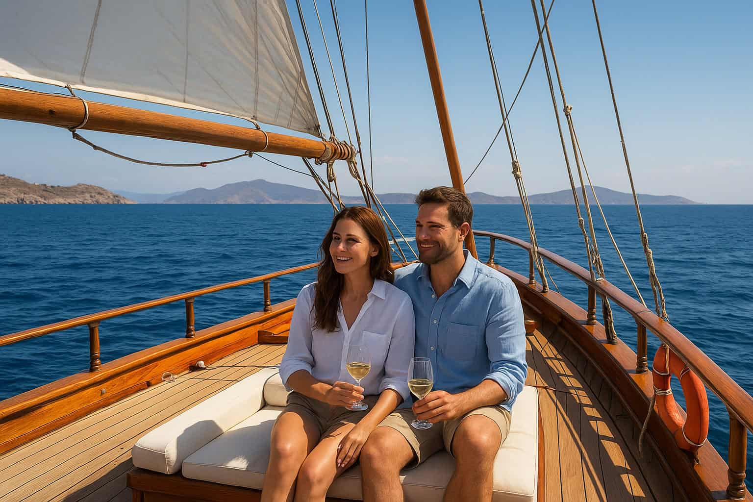A couple enjoys a glass of wine aboard a private gulet off the coast of Turkey.