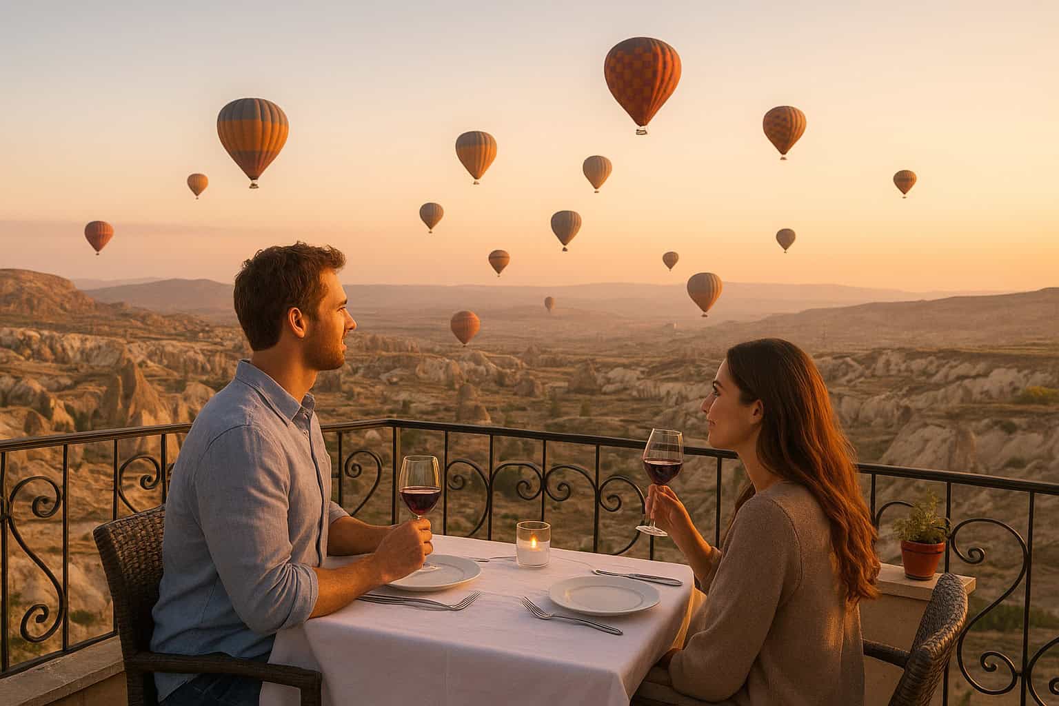 A couple dines on a terrace in Turkey at dusk with hot air balloons rising over the city in the background.