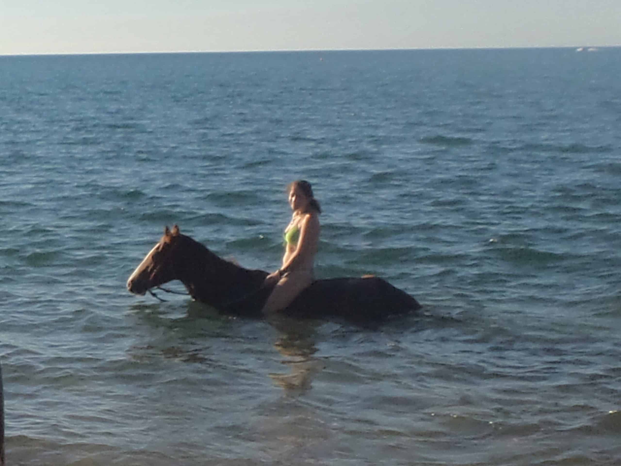 A woman rides a horse in the bay on Magnetic Island.