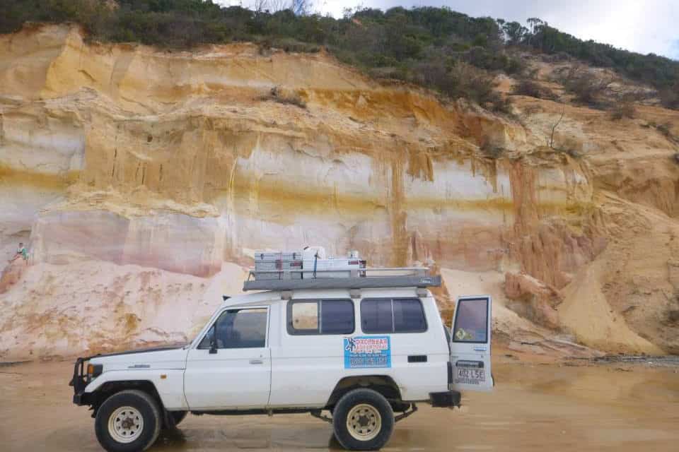 Dropbear Adventures' white, 4x4 jeep used to tour K'gari Island.
