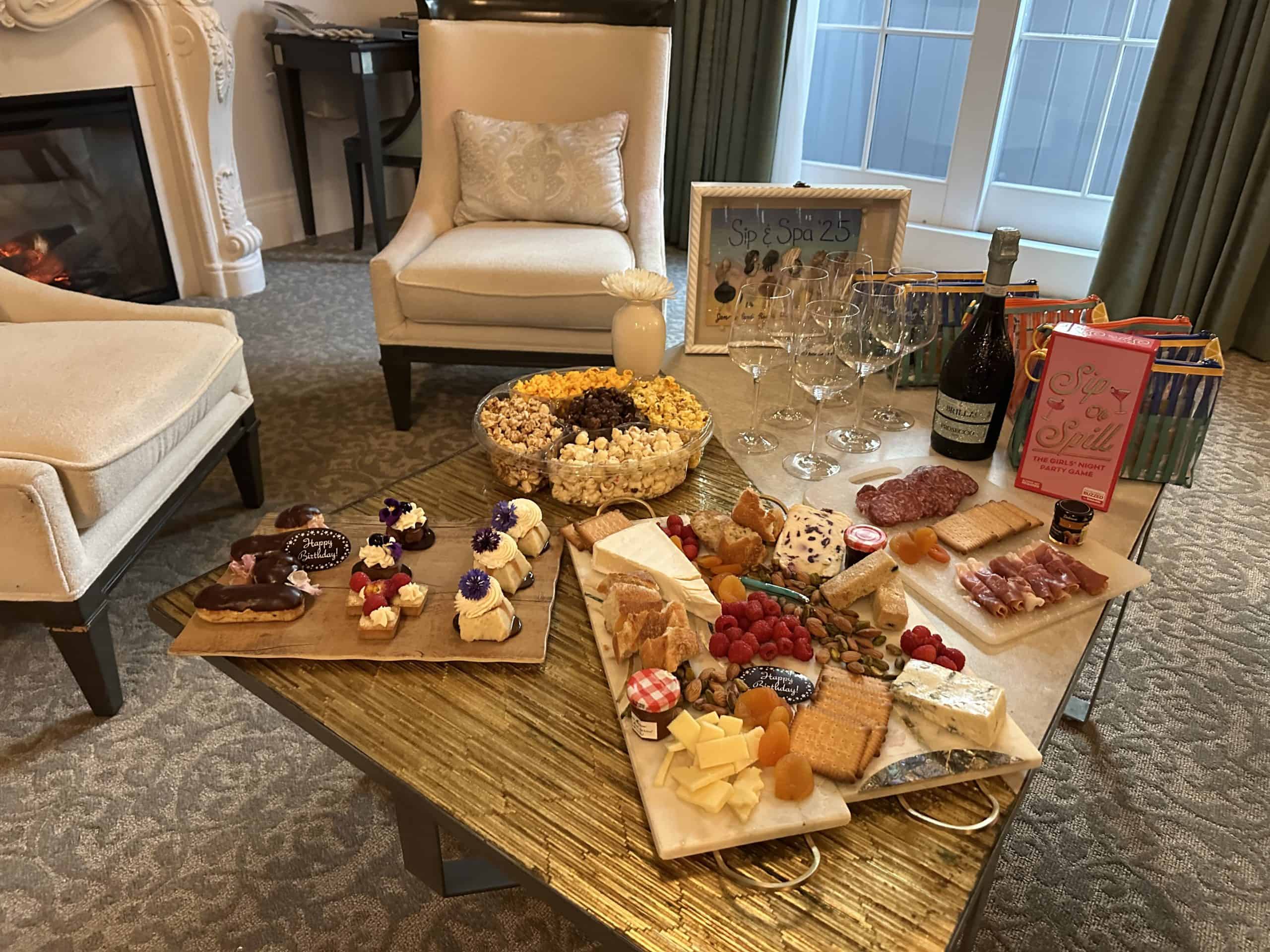 A charcuterie spread set up in our room at Mirbeau Inn & Spa, Rhinebeck.