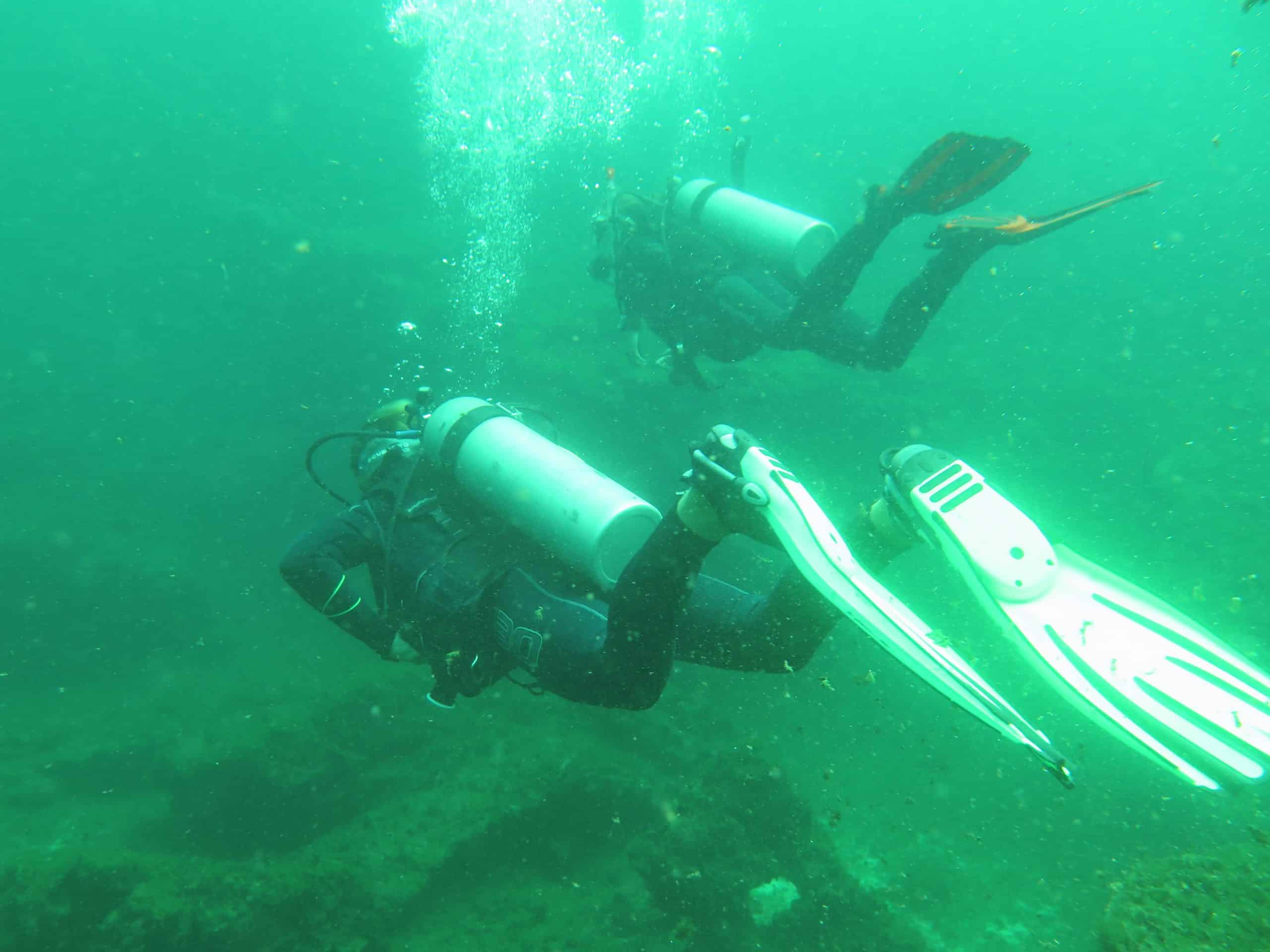 Two scuba divers dive through murky green waters at a cenote in Tulum, Mexico.