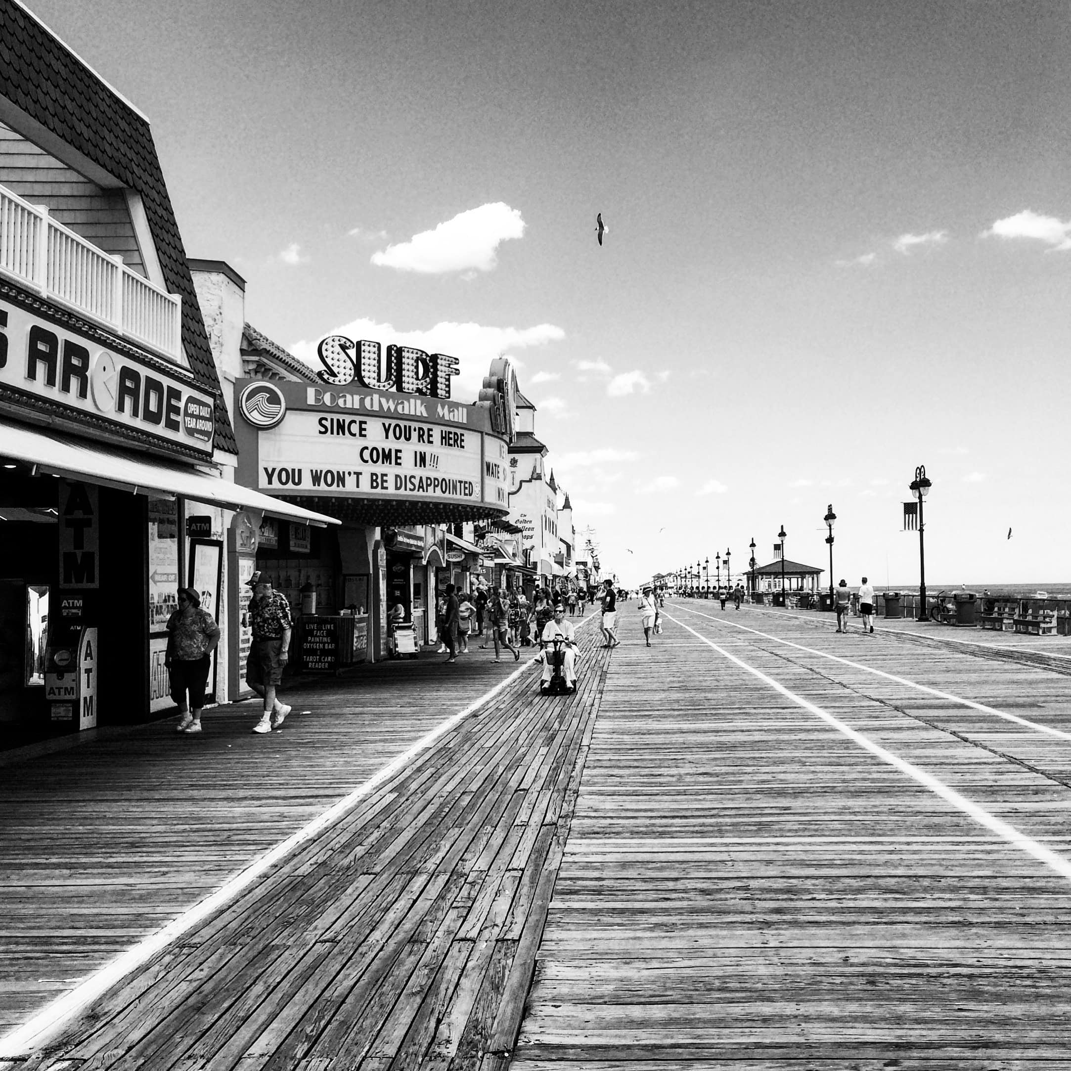 A black and white image of the Ocean City, NJ boardwalk.