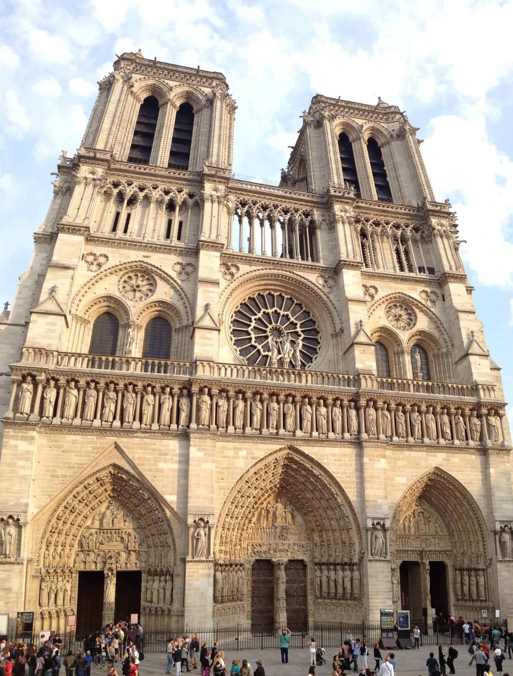 Notre Dame facade in Paris, France.