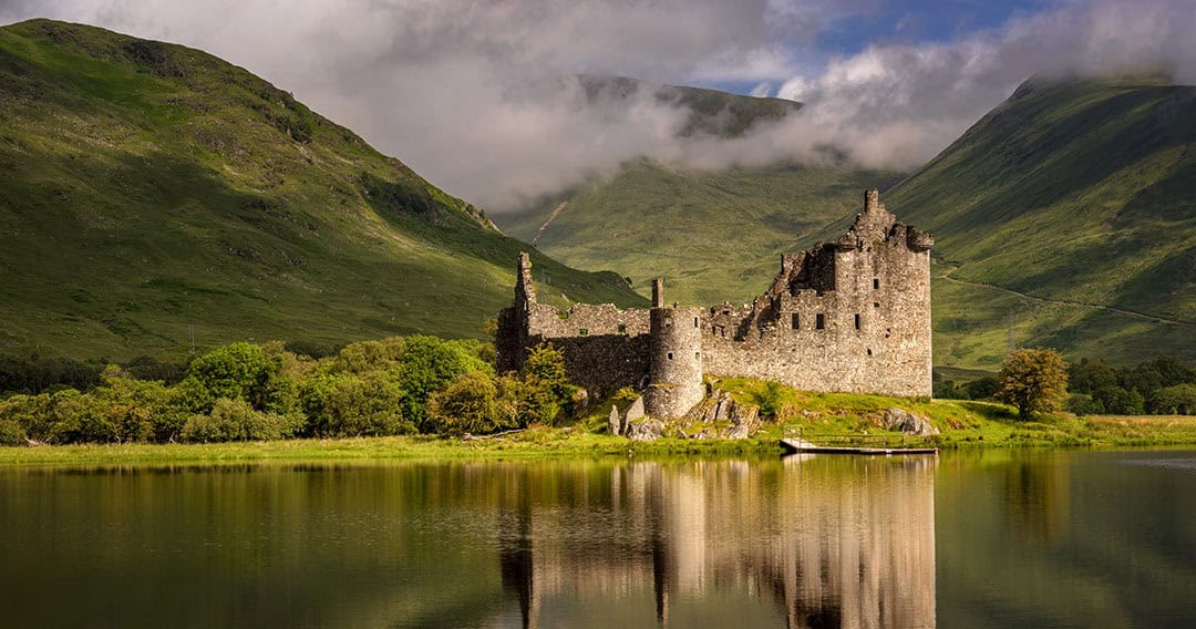 Reflection of Kilchurn Castle in Loch Awe, Highlands, Scotland.