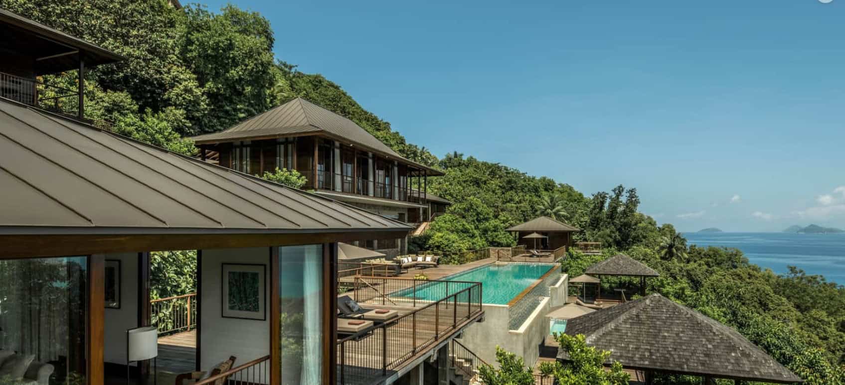 A cliffside luxury villa at the 4 Seasons resort in the Seychelles.
