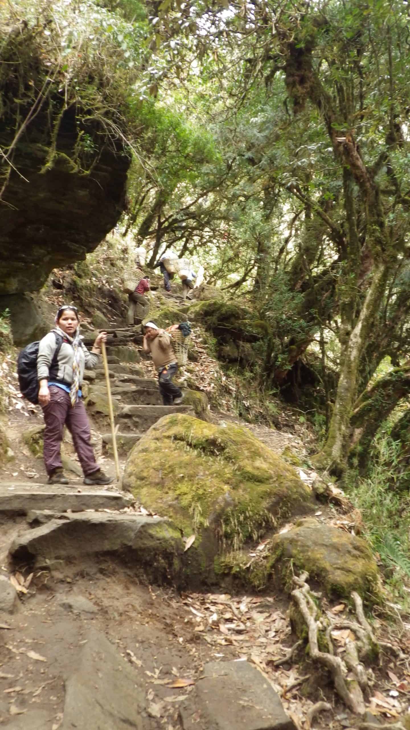 A female guide leading a group of trekkers on the Annapurna Circuit.