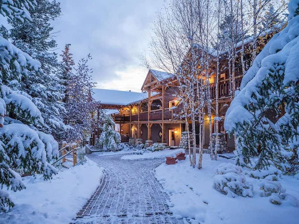 A winter wonderland scene at the Buffalo Mountain Lodge in Banff, Canada.