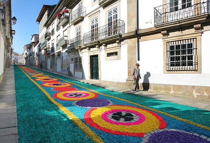 Colorful carpet of flowers lines the streets for the Flower festival in Portugal.