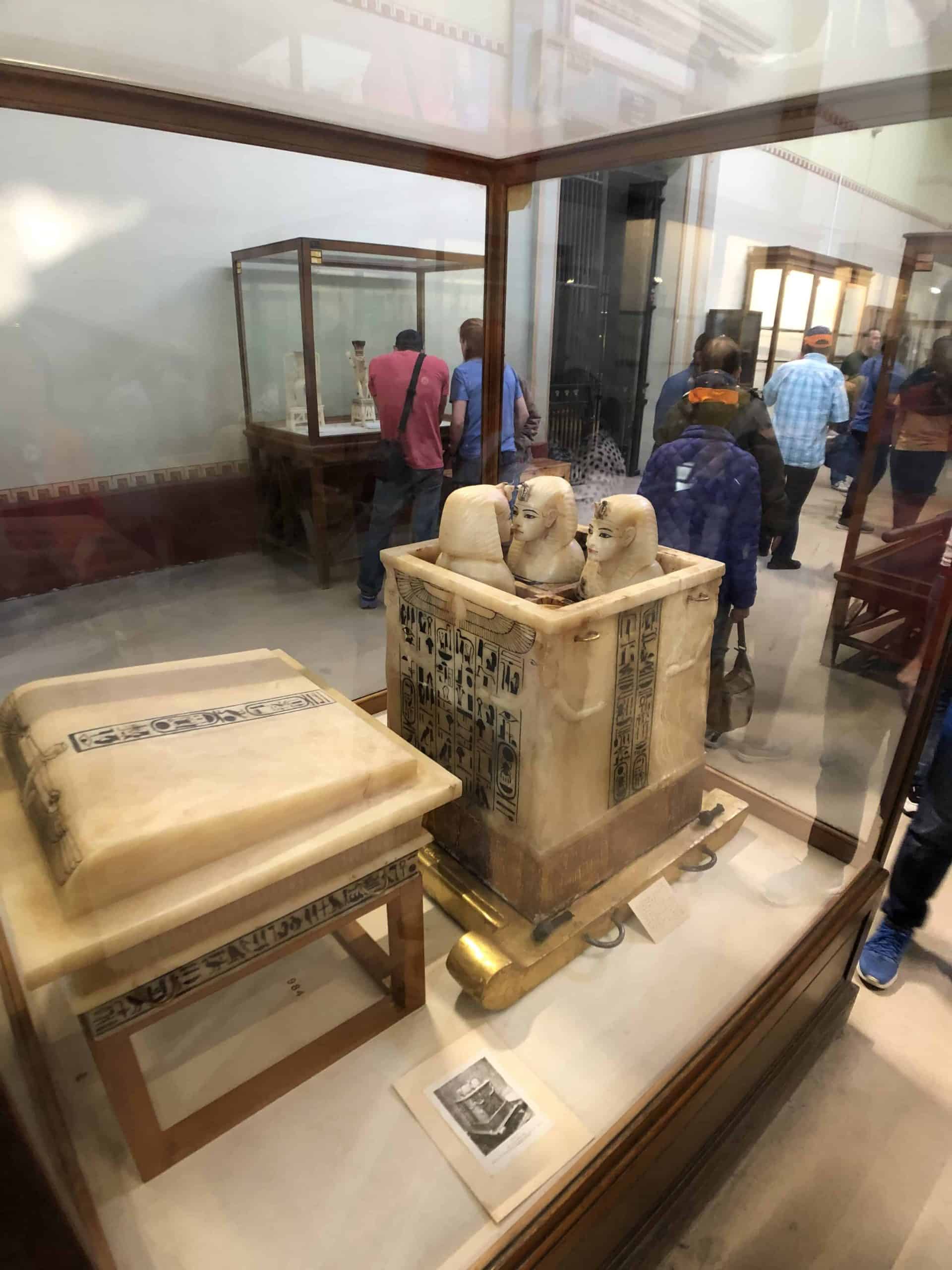 Alabaster canopic jars in the King Tut collection at the Egyptian Museum in Cairo, Egypt.