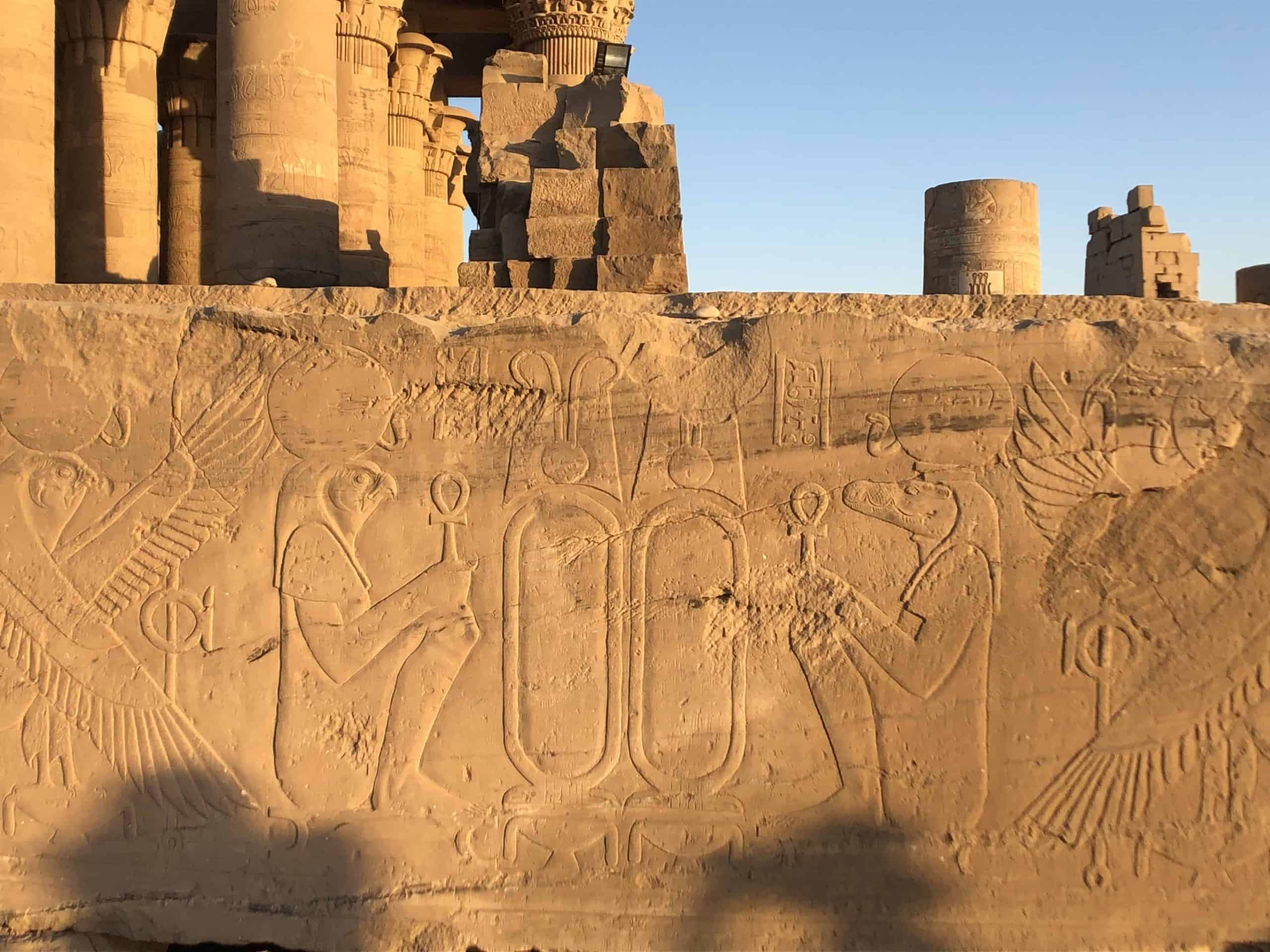 The Gods Horus and Sobek pictured in hieroglyphs at Kom Ombo temple in Egypt.