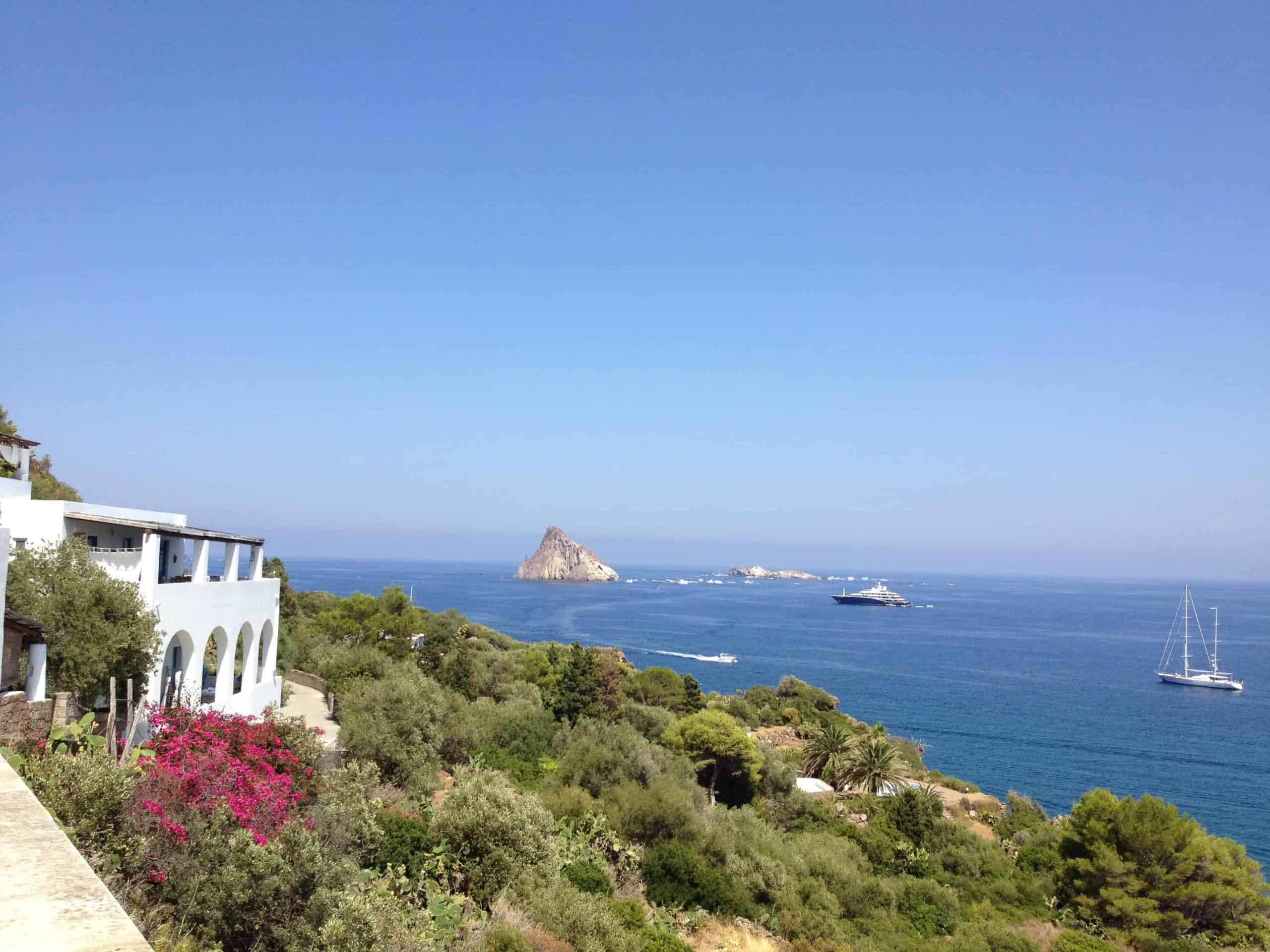 A picturesque view of the sea from the lush hills on the Aeolian island of Panarea.