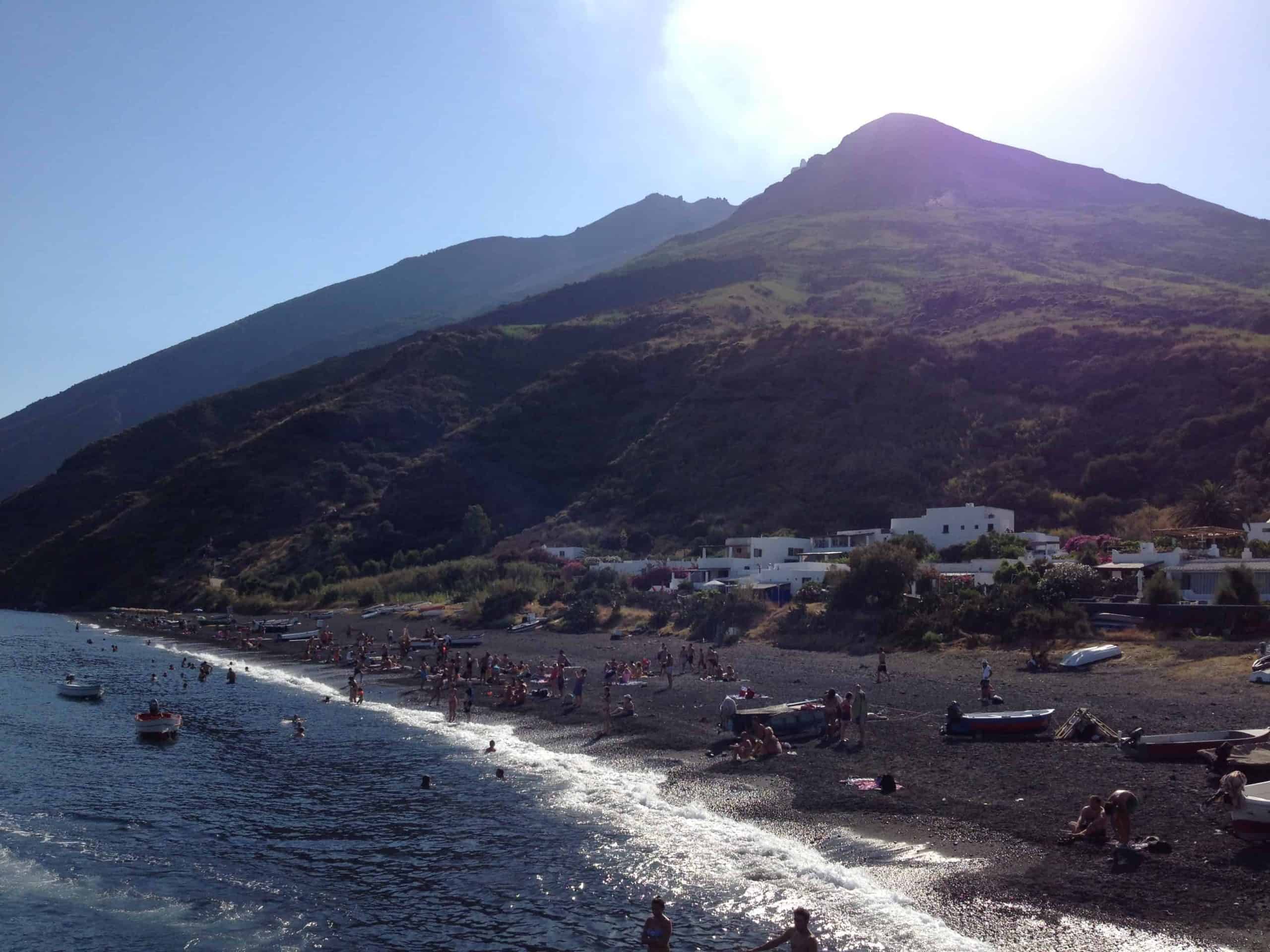 A black stand beach on the island of Stromboli.