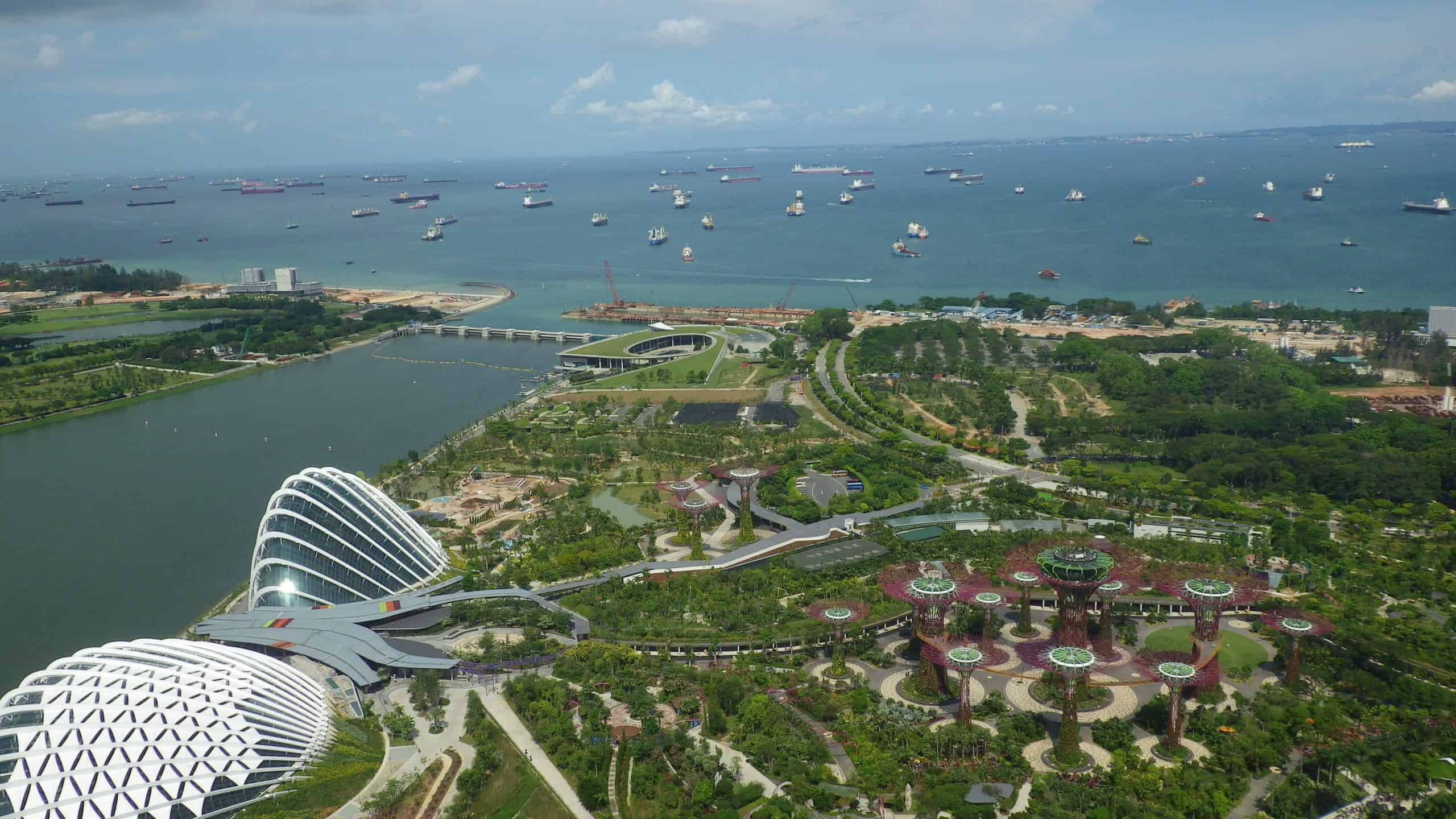 Birds-eye view of Gardens by the Bay from the top of the Marina Bay Sands Skypark.