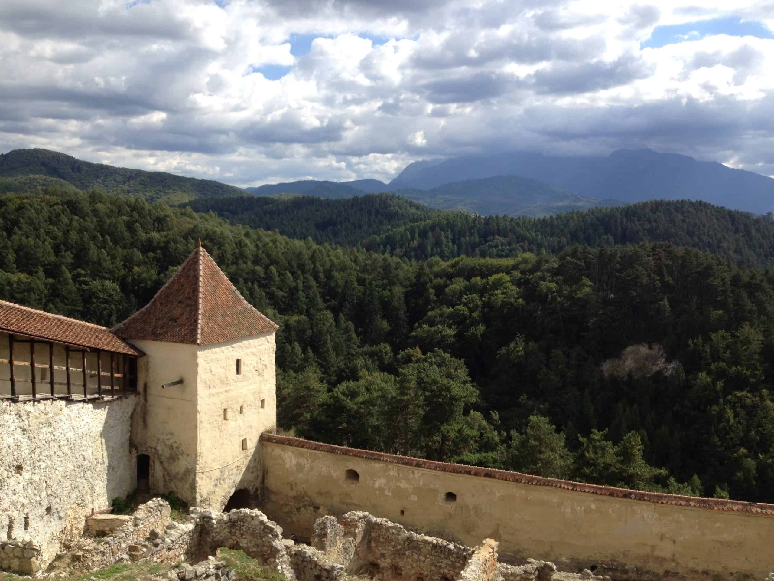 View of lush Transylvania landscape from the Rasnov fortress.