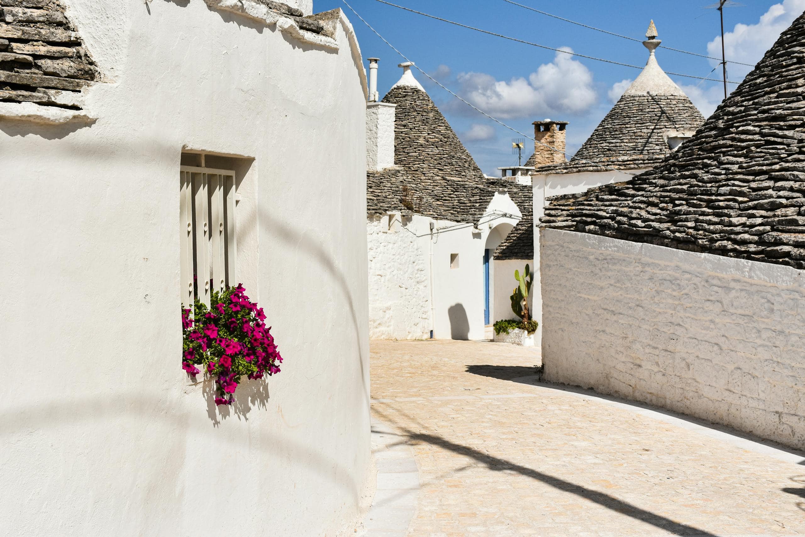 Charming trulli houses in sunny Alberobello with vibrant flowers and unique architecture.
