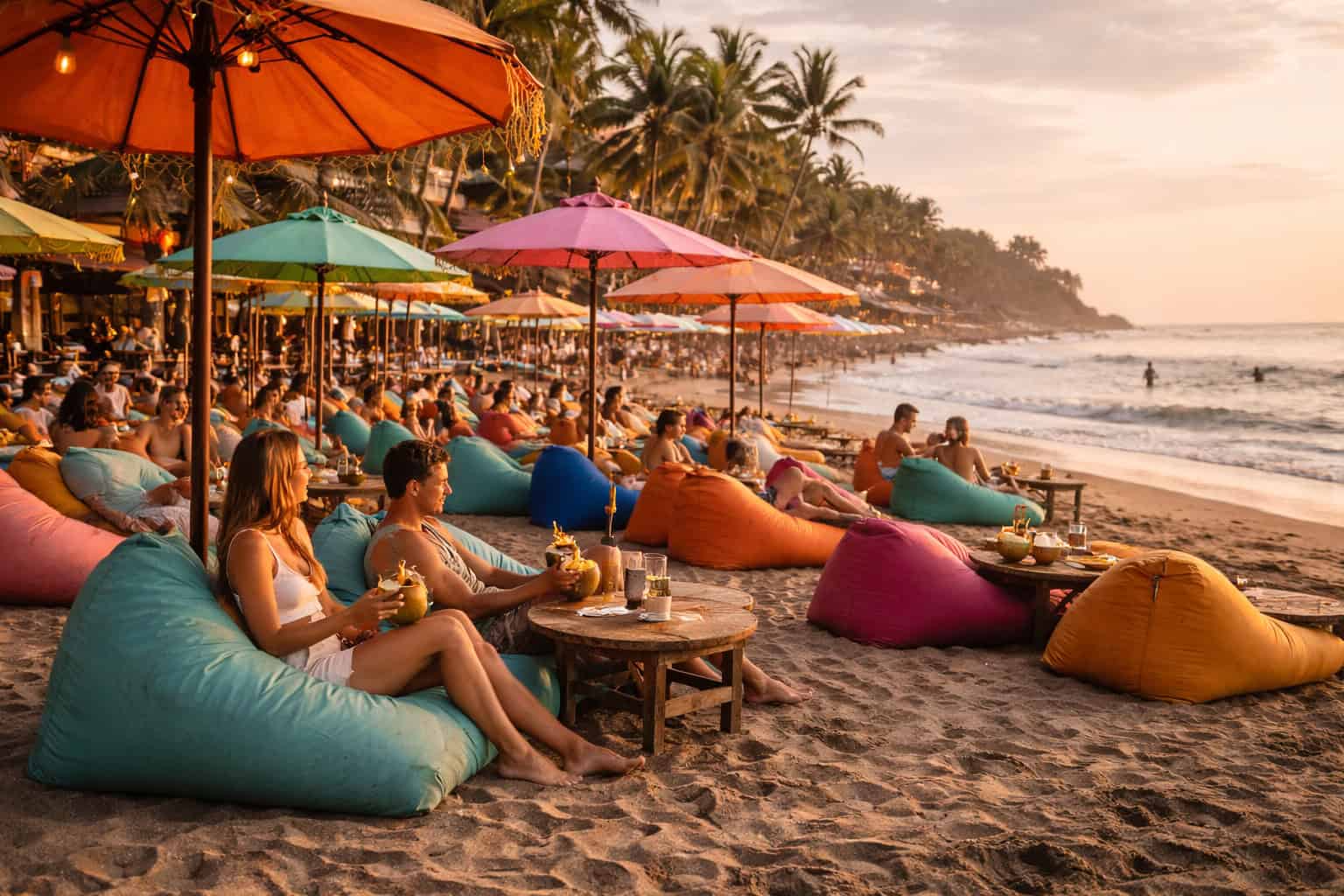 Watching the sunset on bean bag loungers at a beach in Canggu, Bali.