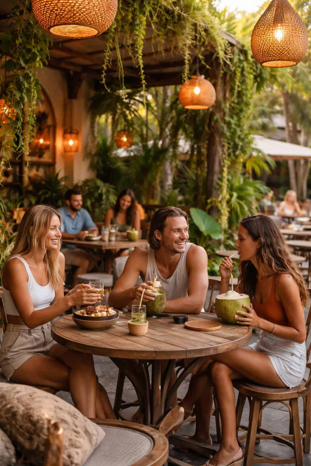 Friends sharing a drink at a cafe in Canggu, Bali.
