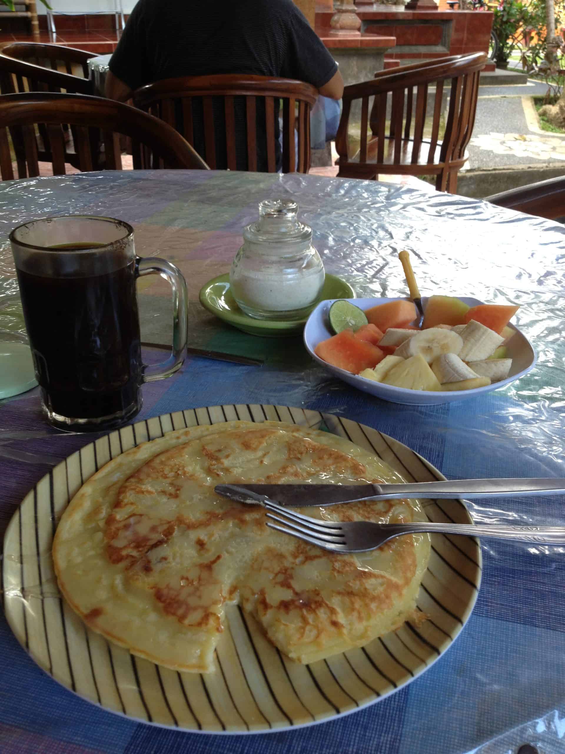 Breakfast of banana pancakes in Bali.