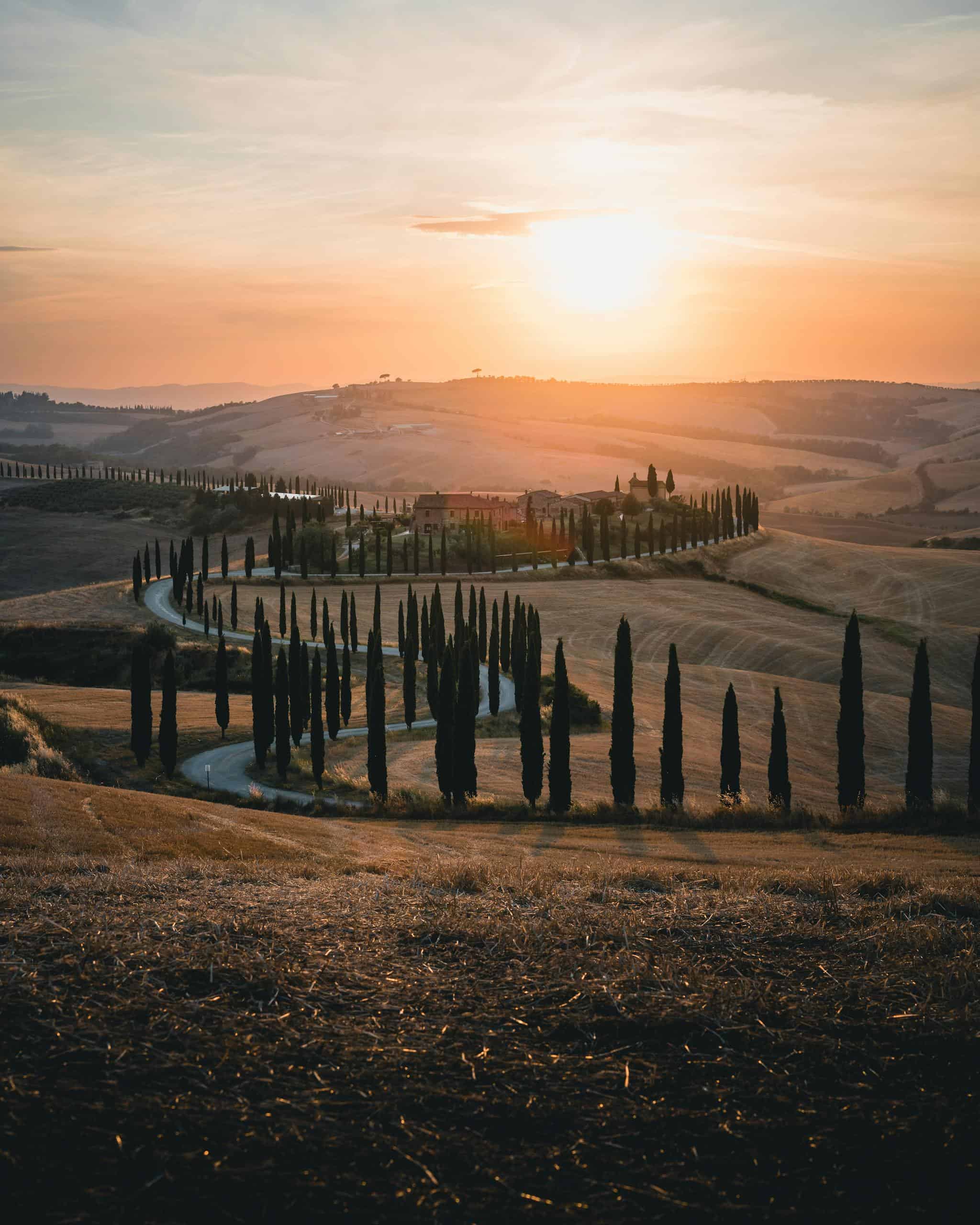 Stunning sunset view of Tuscany's iconic rolling hills and poplar-lined winding road.