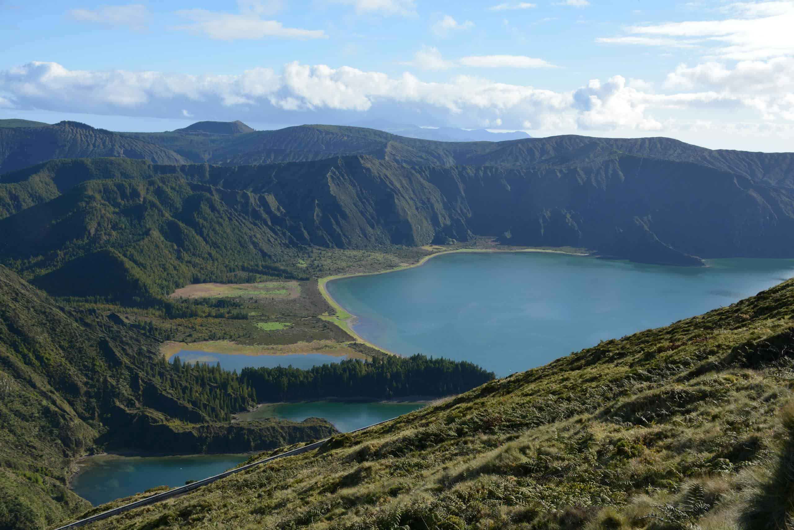 Stunning aerial view of Lagoa do Fogo, a serene volcanic crater lake in São Miguel, Azores.