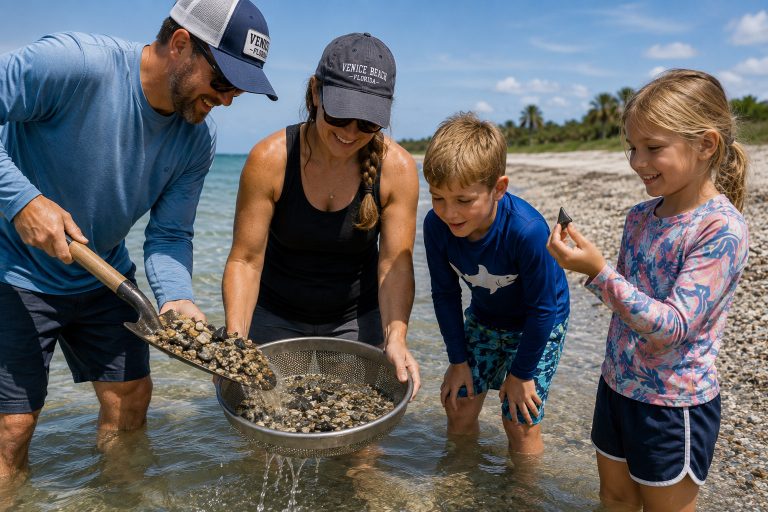 Family of four enjoys a day on the beach in Florida hunting for shark teeth.